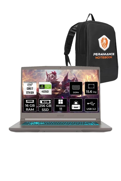 MSI  Thin 15 i7 12650H 16GB 256GB SSD RTX4050/6GB 15.6" FHD 144HZ W11P B12VE92TR & PER4 Çanta