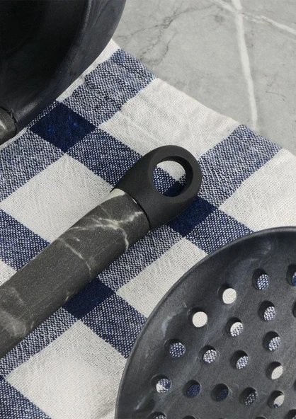 Silikon Servis Seti - Mermer Desenli Kepçe Kevgir Takımı - 5 Parça, Stantlı - 7