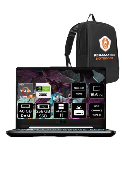 ASUS  TUF Gaming A15 R5 7535HS 40GB 256GB SSD RTX2050/4GB 144Hz 15.6" FHD W11H HN051 & PER4 Çanta