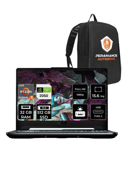 ASUS  TUF Gaming A15 R5 7535HS 32GB 512GB SSD RTX2050/4GB 144Hz 15.6" FHD FDOS HN051 & PER4 Çanta ürün görseli