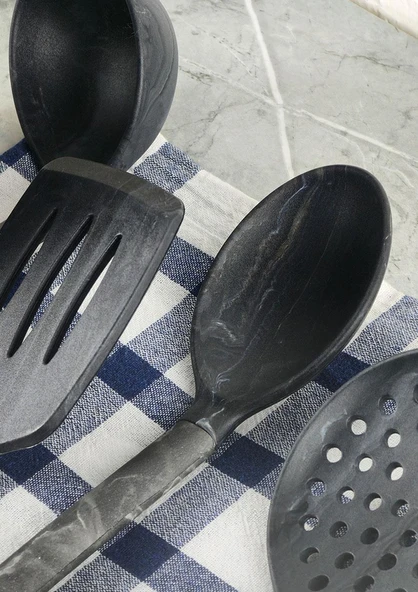 Silikon Servis Seti - Mermer Desenli Kepçe Kevgir Takımı - 5 Parça, Stantlı - 6