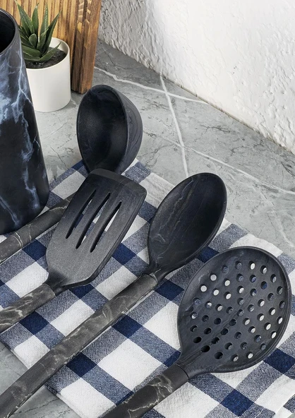 Silikon Servis Seti - Mermer Desenli Kepçe Kevgir Takımı - 5 Parça, Stantlı - 5