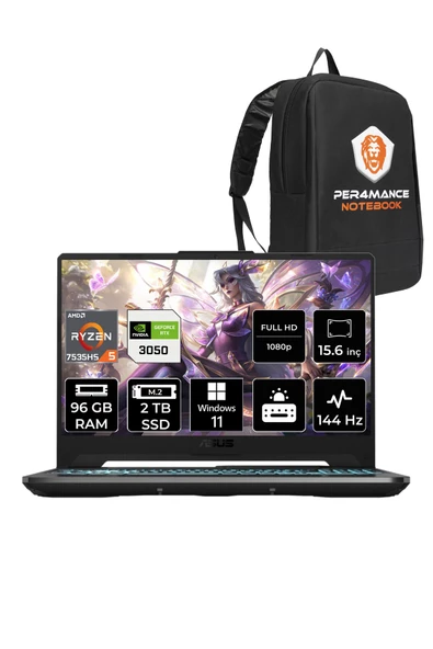 ASUS  TUF Gaming A15 R5 7535HS 96GB 2TB SSD RTX3050/4GB 144Hz 15.6" FHD W11H HN049 & PER4 Çanta