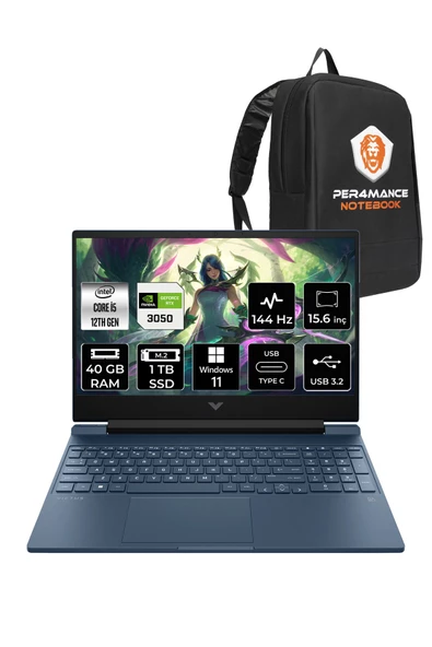 HP  Victus 15 i5 12450H 40GB 1TB SSD RTX3050/4GB 144Hz 15.6'' FHD W11P Taşınabilir Bilgisayar & PER4 Çanta