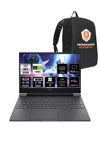 HP  Victus 15 i5 12500H 12GB 2TB SSD RTX4060/8GB 144Hz 15.6'' FHD W11P Taşınabilir Bilgisayar & PER4 Çanta