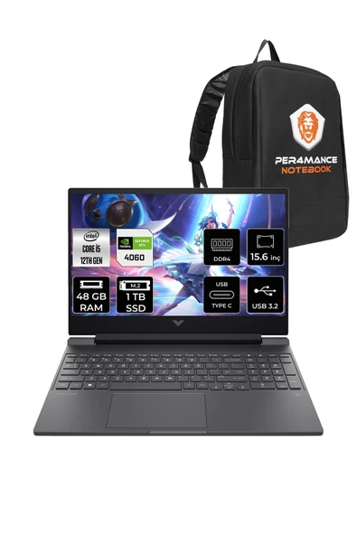 HP  Victus 15 i5 12500H 48GB 1TB SSD RTX4060/8GB 144Hz 15.6'' FHD FDOS Taşınabilir Bilgisayar & PER4 Çanta