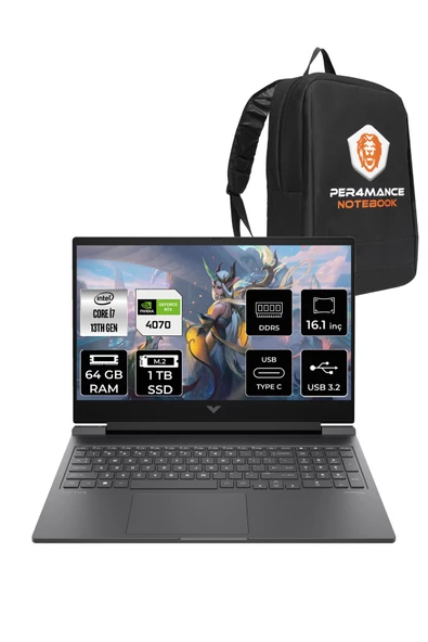 HP  Victus 16 i7 13700H 64GB DDR5 1TB SSD RTX4070/8GB 144Hz 16.1'' FDOS Taşınabilir Bilgisayar & PER4 Çanta