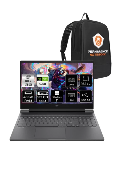 HP  Victus 16 i7-13700H 48GB 512GB SSD RTX4060/8GB 144HZ 16.1'' FHD W11P 8B5Y3EA & PER4 Çanta