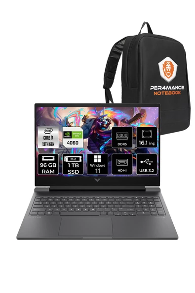 HP  Victus 16 i7-13700H 96GB 1TB SSD RTX4060/8GB 144HZ 16.1'' FHD W11P 8B5Y3EA & PER4 Çanta