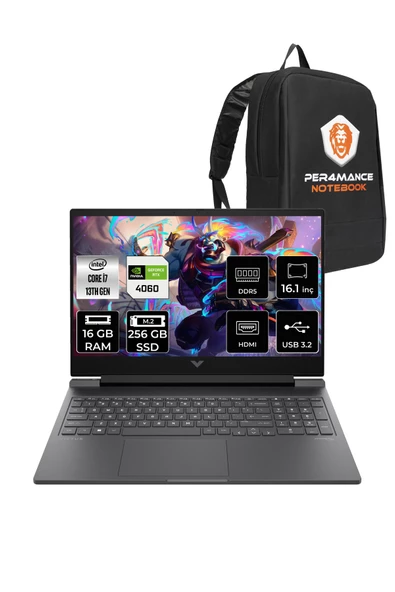 HP  Victus 16 i7-13700H 16GB 256GB SSD RTX4060/8GB 144HZ 16.1'' FHD FDOS 8B5Y3EA & PER4 Çanta