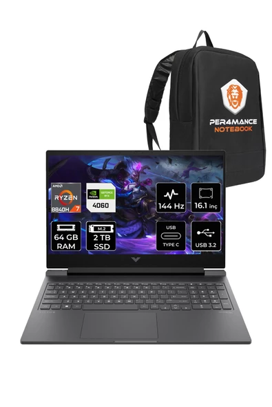 HP  Victus 16 R7 8845HS 64GB 2TB SSD RTX4060/8GB 144Hz FHD 16.1'' FDOS Taşınabilir Bilgisayar & PER4 Çanta