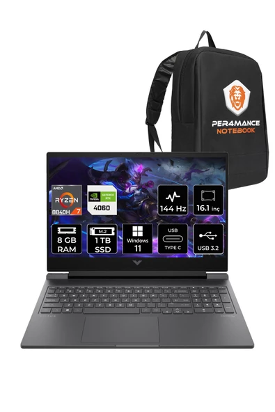 HP  Victus 16 R7 8845HS 8GB 1TB SSD RTX4060/8GB 144Hz FHD 16.1'' W11P Taşınabilir Bilgisayar & PER4 Çanta