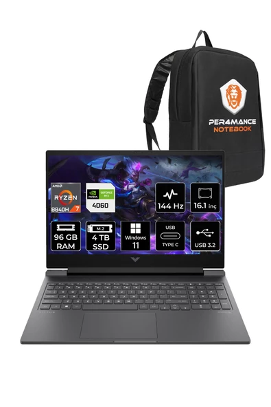 HP  Victus 16 R7 8845HS 96GB 4TB SSD RTX4060/8GB 144Hz FHD 16.1'' W11H Taşınabilir Bilgisayar & PER4 Çanta