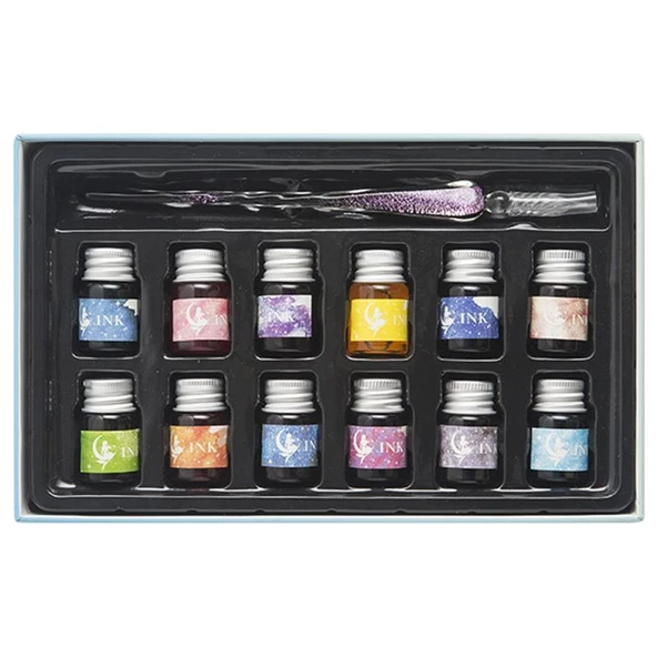 El Yapımı Cam Dolma Kalem Kaligrafi Hokka Seti 12 Mürekkepli - 2