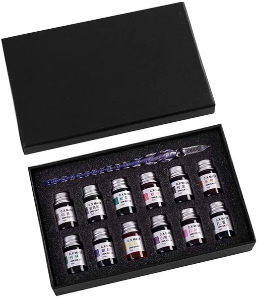 El Yapımı Cam Dolma Kalem Kaligrafi Hokka Seti 12 Mürekkepli