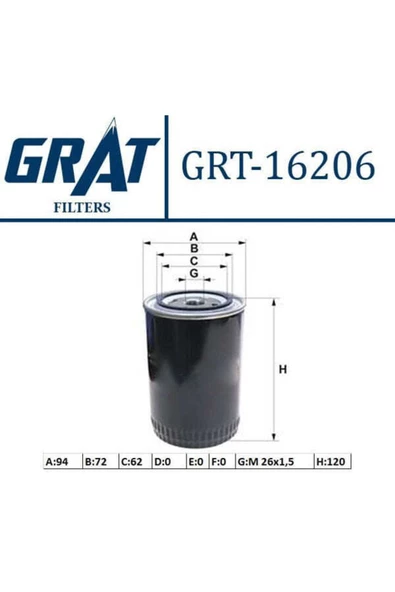 GRAT 16206 Yağ Filtresi Starex 97- 2.5tdcı H1 01- 2.5 Crdı H100 2.5tcı / Bongo Sorento / L300 Kısa T