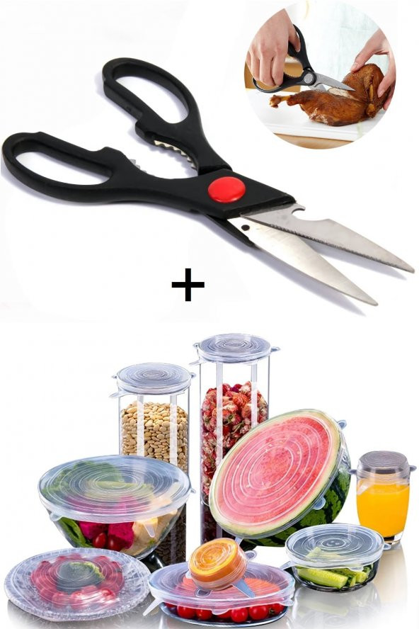 Mutfak Makası Çok Amaçlı Kapak Açıcı Ceviz Kırıcı Et Makası + Silikon Streç Kapak Bonesi Seti - 1
