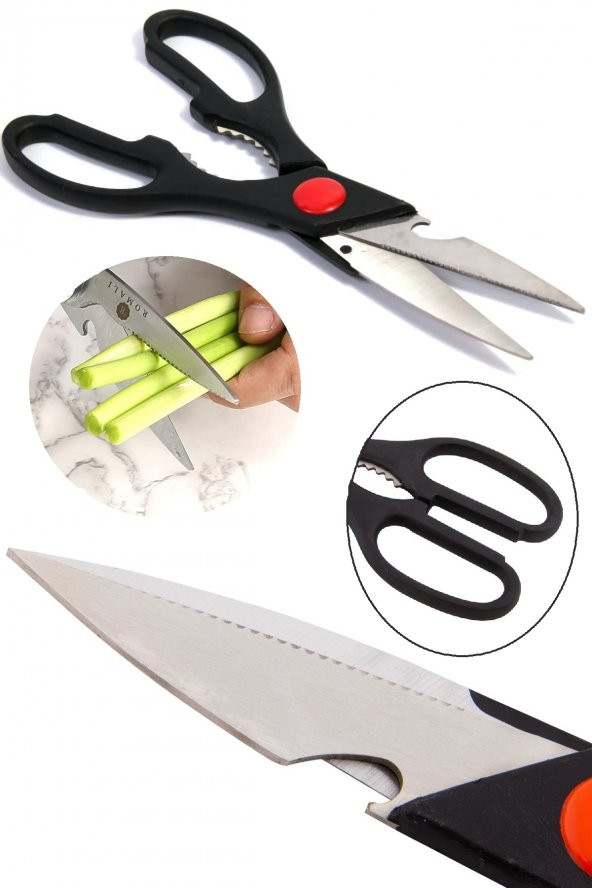 Mutfak Makası Çok Amaçlı Kapak Açıcı Ceviz Kırıcı Et Makası + Silikon Streç Kapak Bonesi Seti - 3