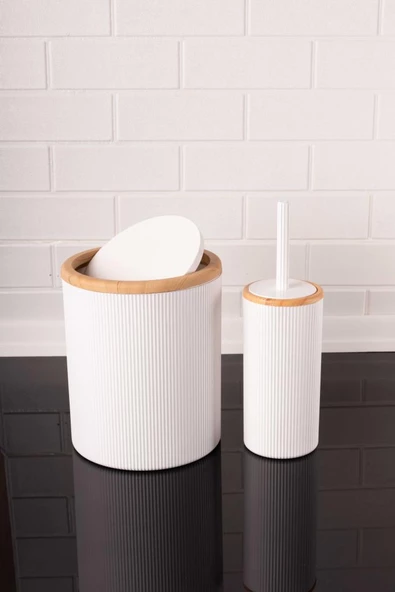 Bambu Desenli Modern 5'li Banyo Seti Çizgili Beyaz - Resim 4