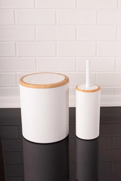 Bambu Desenli Modern 5'li Banyo Seti Çizgili Beyaz - Resim 3