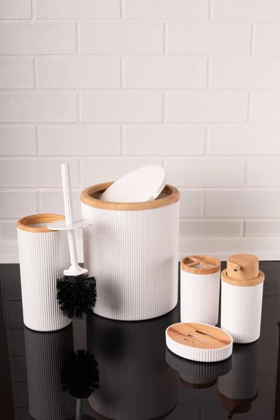 Bambu Desenli Modern 5'li Banyo Seti Çizgili Beyaz - Resim 2