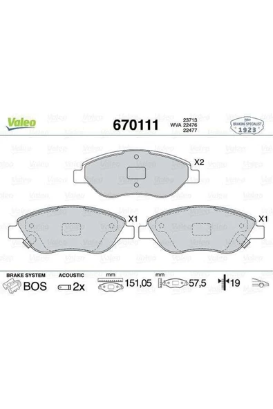 VALEO BALATA FREN ON FIAT EGEA 1.4 1.6 1.3D 1.6D 15-/EGEA HB 1.4 1.6 1.6D 16- SEKMANLI TIP VALEO-77367923 ürün görseli