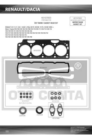OTO CONTA Motor Takım Conta R11 Flash R11 Flash Txe R19 R21 1700 Full S.conta+ Keçeli 7701465227 770146640