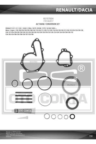 OTO CONTA 40107004 Motor Takım Conta Alt Renault 9 D R11 Flash Renault 19 R21 Manager Express Megane
