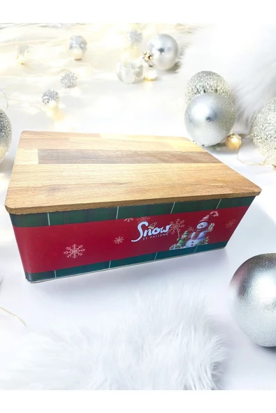 Yenigeldi 1 Adet Metal Yılbaşı Süsü Ahşap Kesme Tahtalı Ekmek Kutusu , Ölçüleri 30*20*11 Cm Çok Amaçlı Kutu