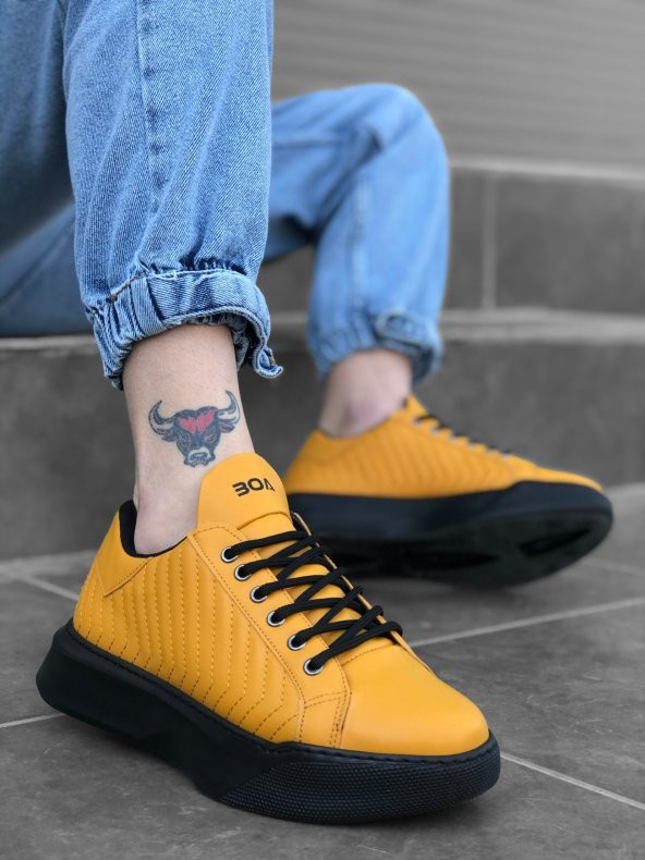 Diadof BA0162 Bağcıklı Erkek Model Dikişli Yüksek Taban Sarı Spor Ayakkabı - 9