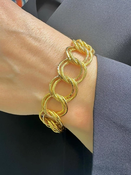 Kalın İki Kollu Kalemli Özel Üretim 14 Ayar Altın Samanyolu Bileklik ürün görseli