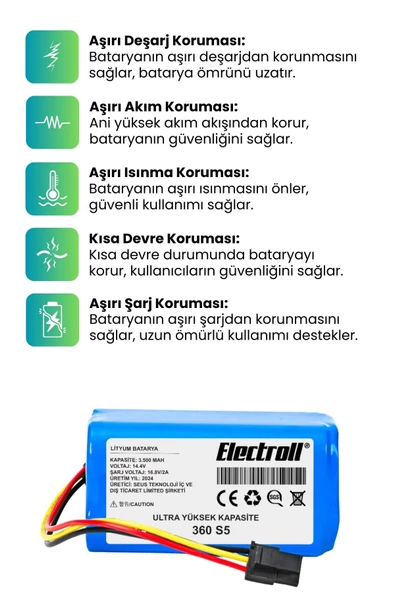 360 S5 Robot Süpürge Bataryası (Ultra Yüksek Kapasite) 3500mAh Robot Süpürge Pil - 3