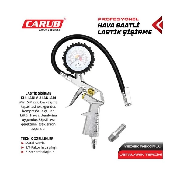 CARUB Lastik Hava Ölçme Saatli Hortumlu 2 Rekorlu - Resim 2