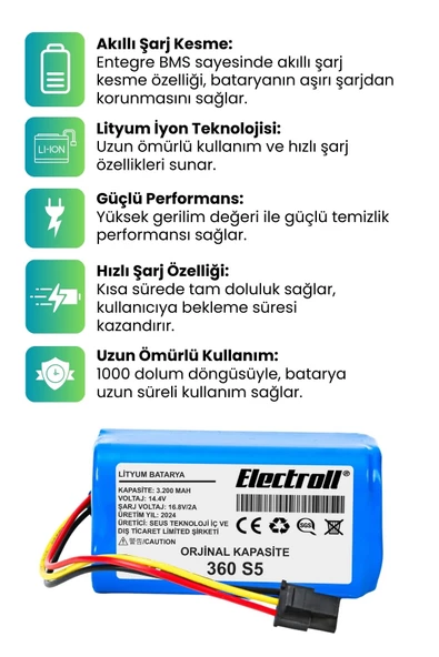 360 S5 Robot Süpürge Bataryası (Ultra Yüksek Kapasite) 3500mAh Robot Süpürge Pil - 2