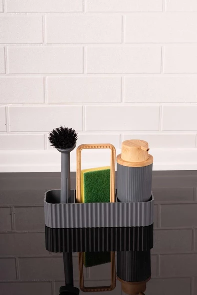 Bambu Desenli Fırçalı ve Sünger Hazneli Sıvı Sabunluk, Standlı Mutfak Banyo Deterjanlığı - 5