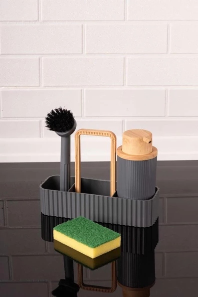 Bambu Desenli Fırçalı ve Sünger Hazneli Sıvı Sabunluk, Standlı Mutfak Banyo Deterjanlığı - 6
