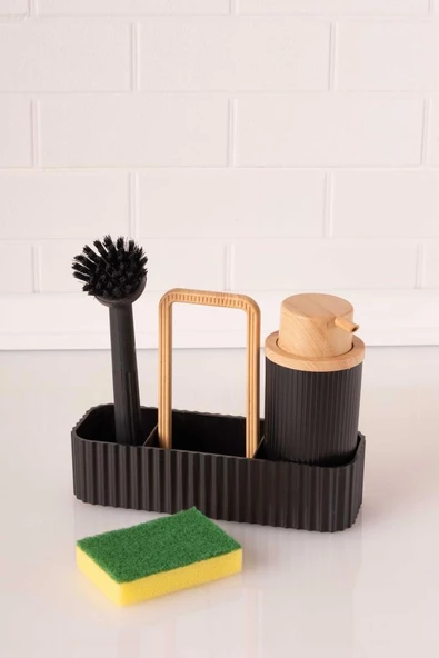 Bambu Desenli Fırçalı ve Sünger Hazneli Sıvı Sabunluk, Standlı Mutfak Banyo Deterjanlığı - 11