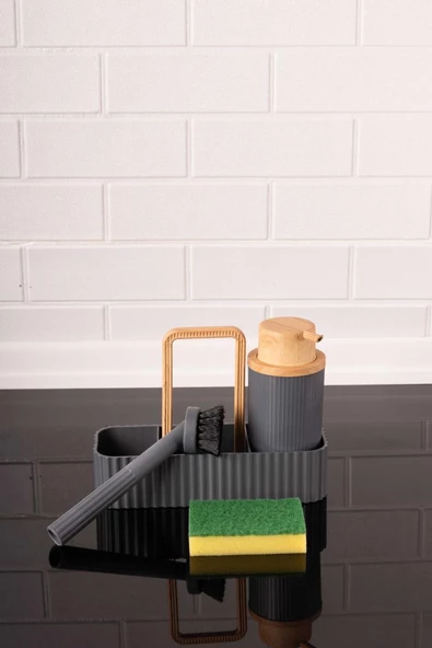 Bambu Desenli Fırçalı ve Sünger Hazneli Sıvı Sabunluk, Standlı Mutfak Banyo Deterjanlığı - 8