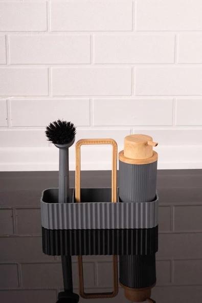 Bambu Desenli Fırçalı ve Sünger Hazneli Sıvı Sabunluk, Standlı Mutfak Banyo Deterjanlığı - 7