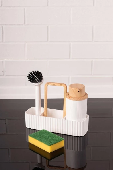 Bambu Desenli Fırçalı ve Sünger Hazneli Sıvı Sabunluk, Standlı Mutfak Banyo Deterjanlığı - 2