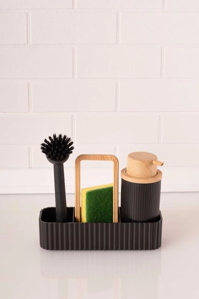 Bambu Desenli Fırçalı ve Sünger Hazneli Sıvı Sabunluk, Standlı Mutfak Banyo Deterjanlığı - 9