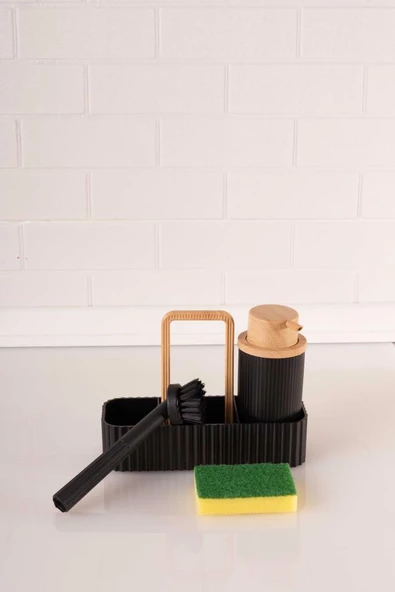 Bambu Desenli Fırçalı ve Sünger Hazneli Sıvı Sabunluk, Standlı Mutfak Banyo Deterjanlığı - 12