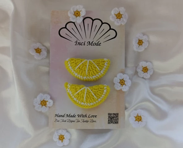 Kız Çocuk Limon Meyveli 2'li Toka Seti Hand Made Sarı Örgü Toka