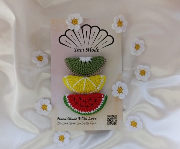 Kız Çocuk Kivi Limon Karpuz Meyveli 3'lü Toka Seti Hand Made Renkli Örgü Toka - 2