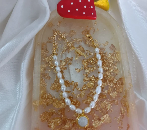 Sedef Dolgulu Altın Kaplama Gerçek İnci Tasarım Kolye El Yapımı ürün görseli