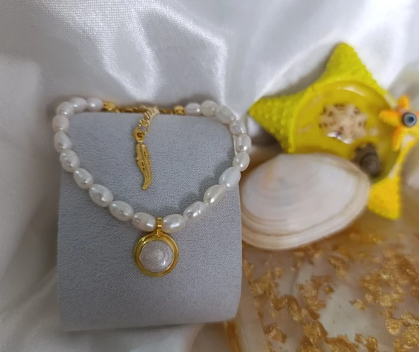 Sedef Dolgulu Altın Kaplama Gerçek İnci Tasarım Kolye El Yapımı - Resim 3