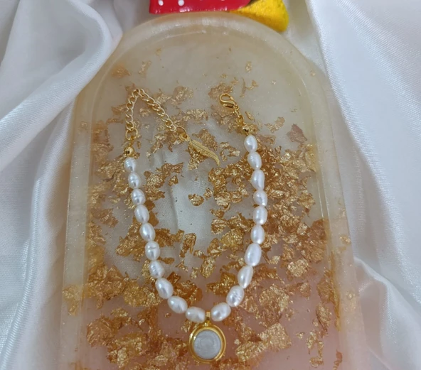 Sedef Dolgulu Altın Kaplama Gerçek İnci Tasarım Kolye El Yapımı - Resim 2