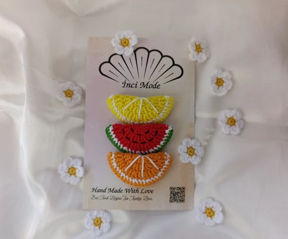Kız Çocuk Limon Karpuz Portakal Meyveli 3'iü Toka Seti Hand Made Örgü Toka - Resim 2