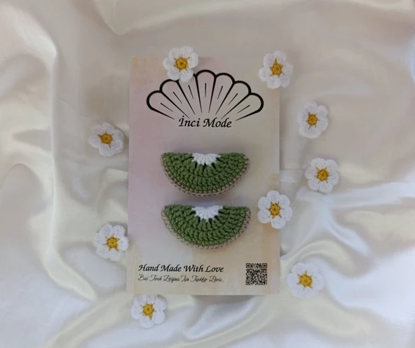 Kız Çocuk Kivi Meyveli 2'li Toka Seti Hand Made Yeşil Örgü Toka - 2