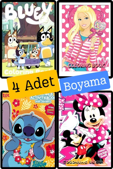 4'lü Bluey Karakterleri Mickey Mouse Barbie Min boyama kitabı seti(boyama, sticker, arka kapak maske)